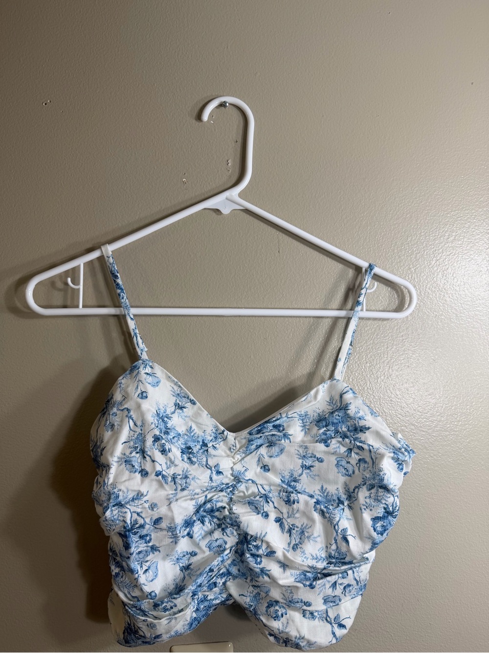 LIA Love Is All Blue Toile Floral Ruched Crop Top Smocked Back Size S